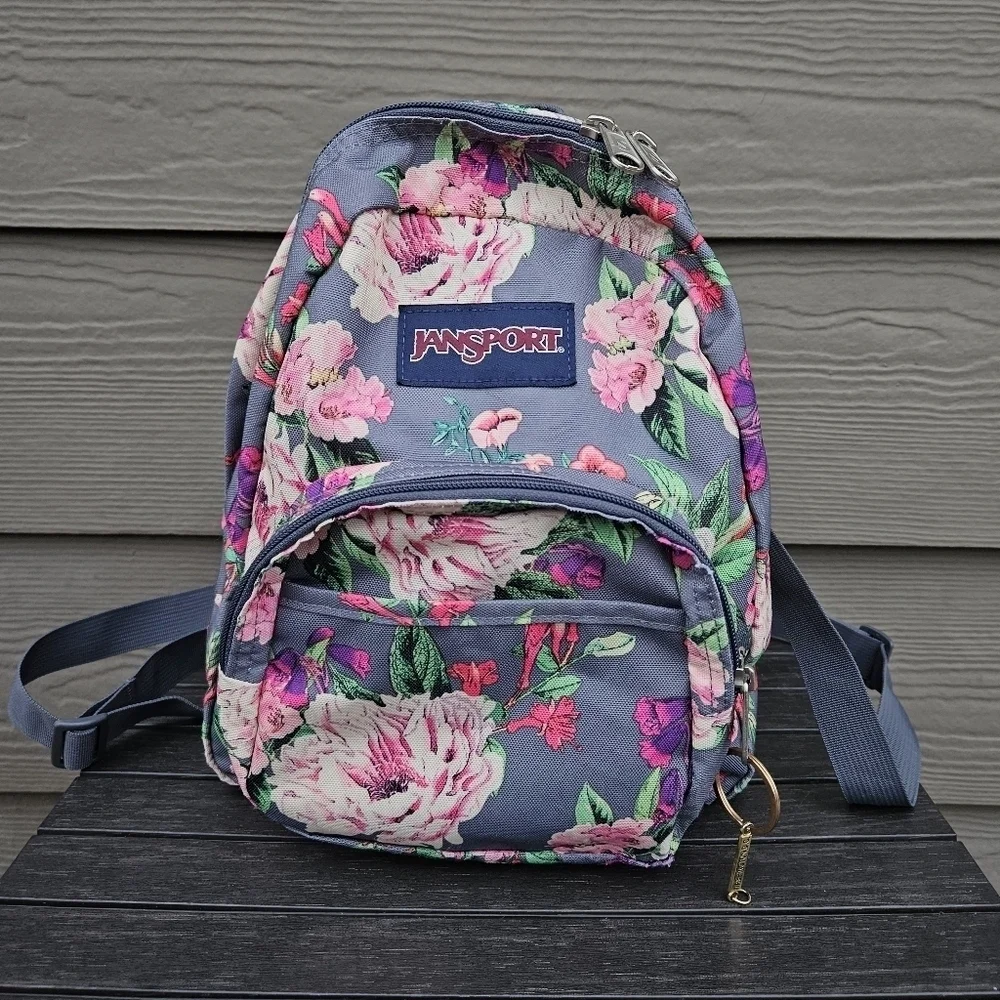 Jansport Backpack Half Pint Mini Bag Backpack Floral Print Gray Pink Purse CLEAN
